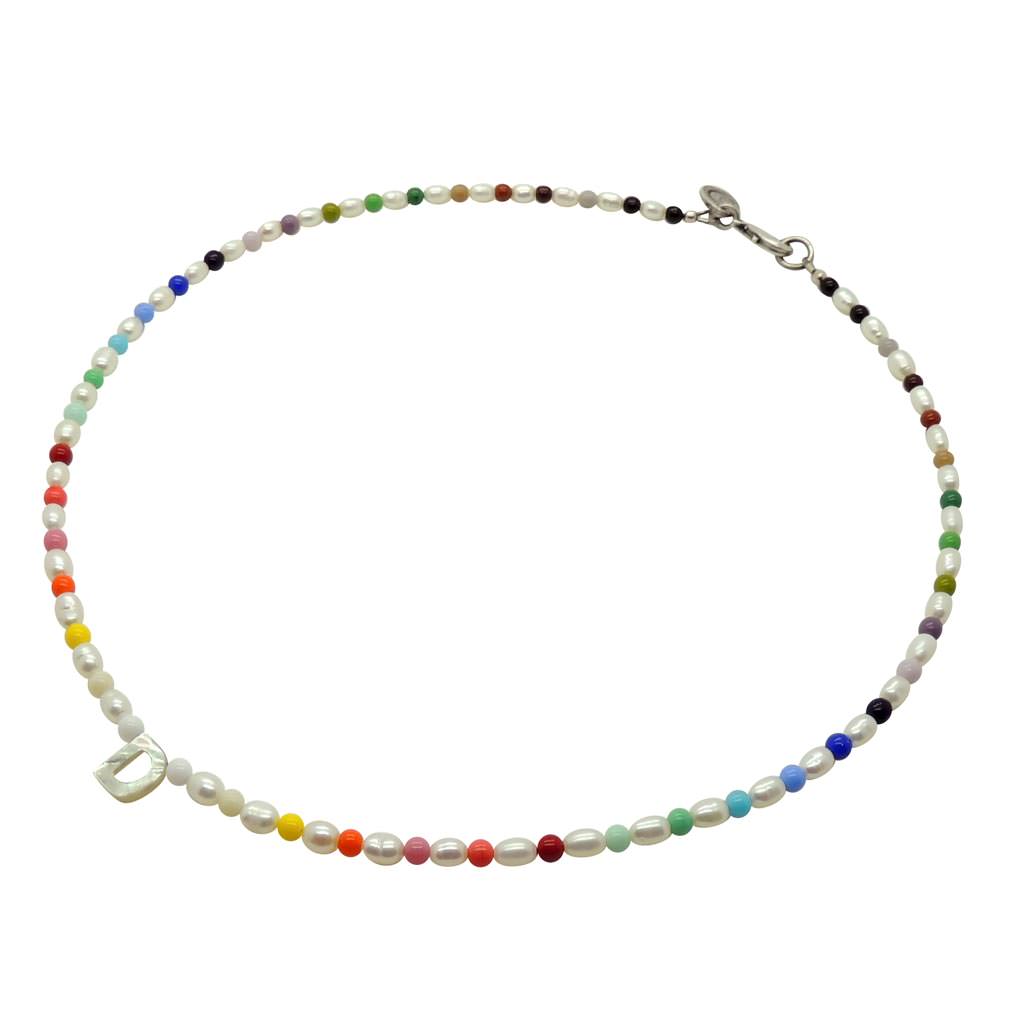 Dana Levy Mother of Pearl Initial Charm Rainbow Freshwater Pearl Rainbow Necklace - Letter D Antique Silver Plate