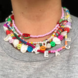 Dana Levy Mother of Pearl Initial Alphabet Charm Freshwater Pearl Rainbow Choker - Rainbow Necklace Stack
