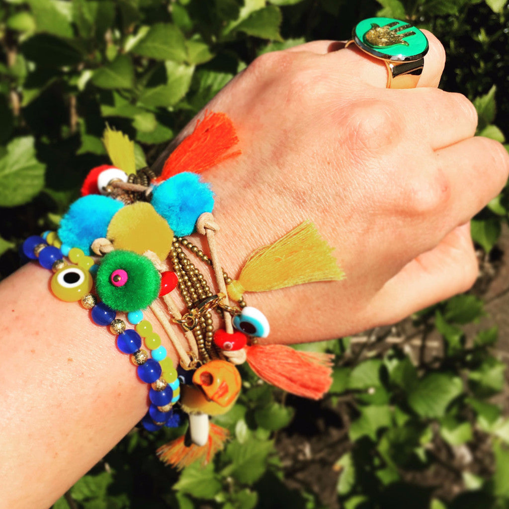Dana Levy Rainbow Pompom Lucky Charms Leather Cord Bracelet - On Wrist