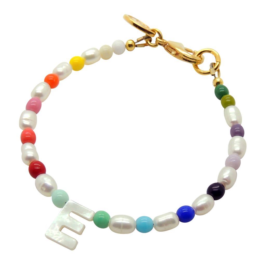 Dana Levy Mother of Pearl Initial Alphabet Charm Freshwater Pearl Rainbow Bracelet - Letter E Gold Plating