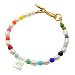 Dana Levy Mother of Pearl Initial Alphabet Charm Freshwater Pearl Rainbow Bracelet - Letter E Gold Plating