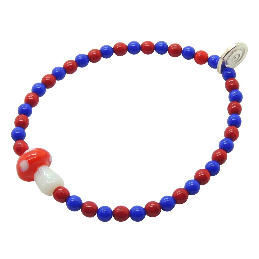 Dana Levy Toadstool Charm Glass Bead Bracelet - Opaque Red Toadstool Charm - Red / Royal Blue Glass Beads