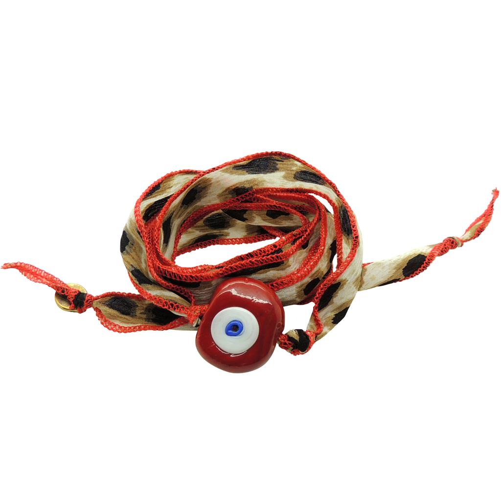 Dana Levy Multicolour Glass Evil Eye Amulet Wild Silk Ribbon Wrap Bracelet - Red Evil Eye Brown Leopard Print Red Trim
