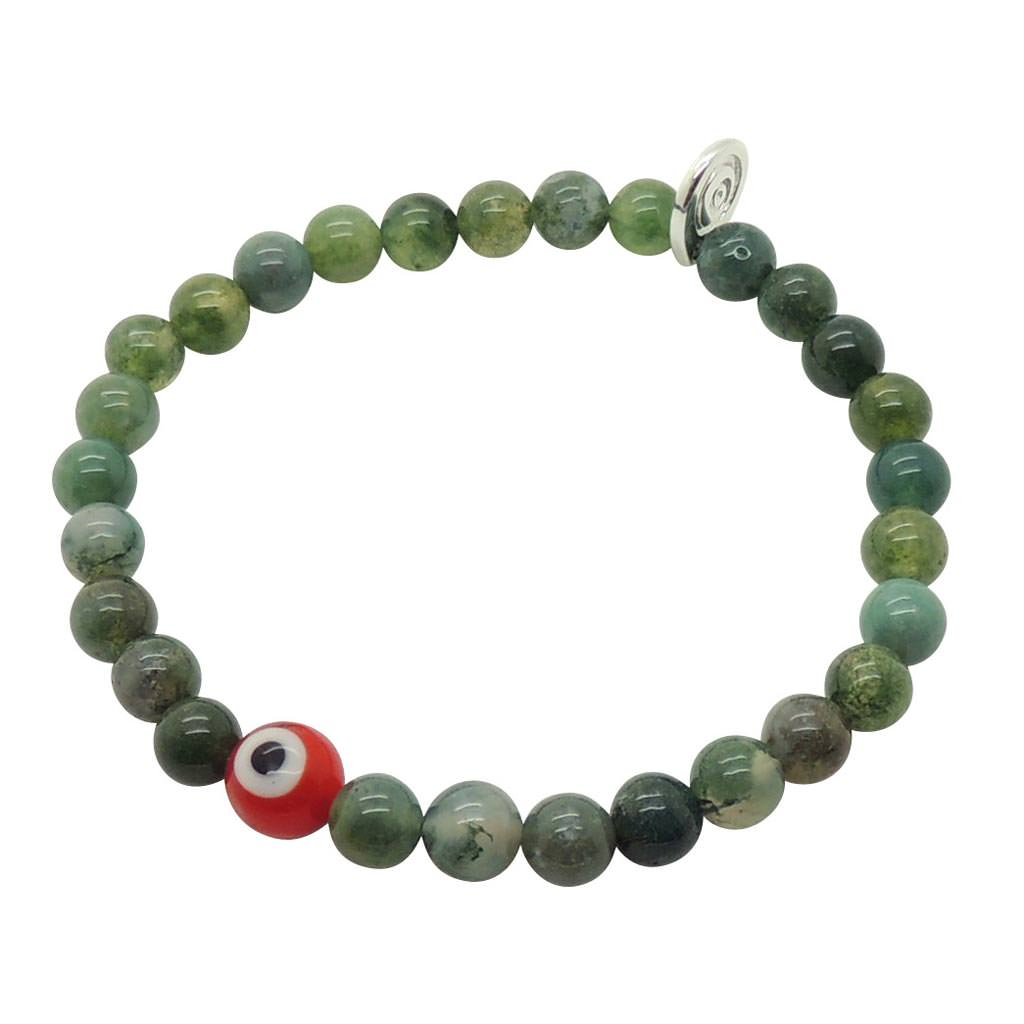 Dana Levy Round Multicolour Evil Eye Charm Gemstone Bracelet - Red Evil Eye /  Moss Agate