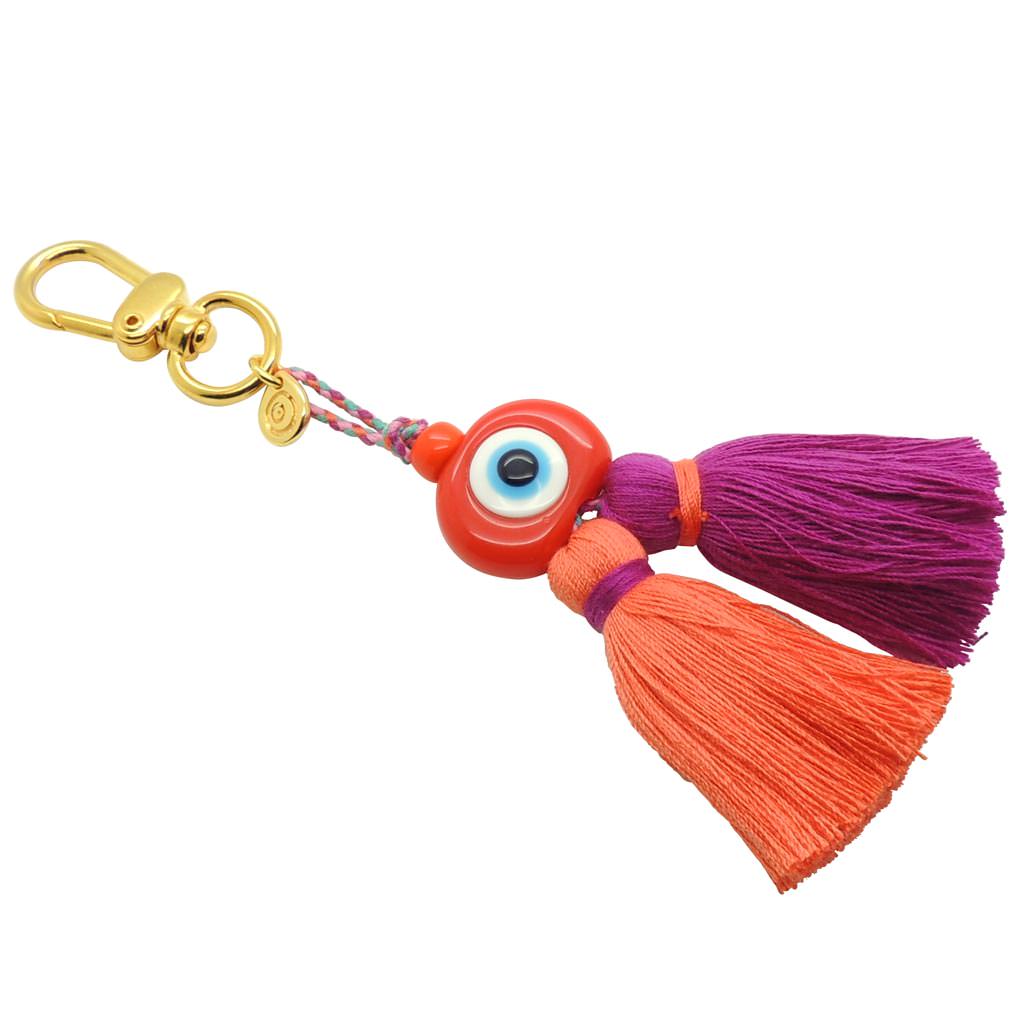 Dana Levy Evil Eye Amulet Charm Tassel Duo Bag Charm - Gold Plate/ Red Eye/ Coral-Magenta Tassel