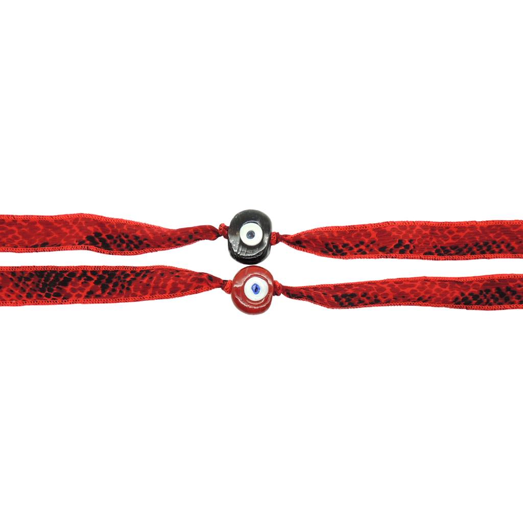 Dana Levy Multicolour Glass Evil Eye Amulet Wild Silk Ribbon Wrap Bracelet - Red Snake Print Duo