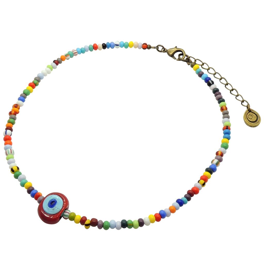 Dana LevyMulticolour Evil Eye Nugget Charm Balagan Glass Bead Choker - Opaque Red/Blue Centre Evil Eye Antique Gold