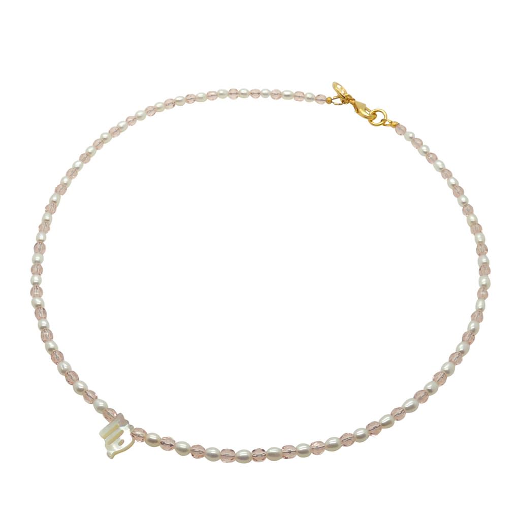 Dana Levy Mother of Pearl Shell Zodiac Symbol Freshwater Pearl Faceted Crystal Bead Duo Necklace - Virgo Dark Rose