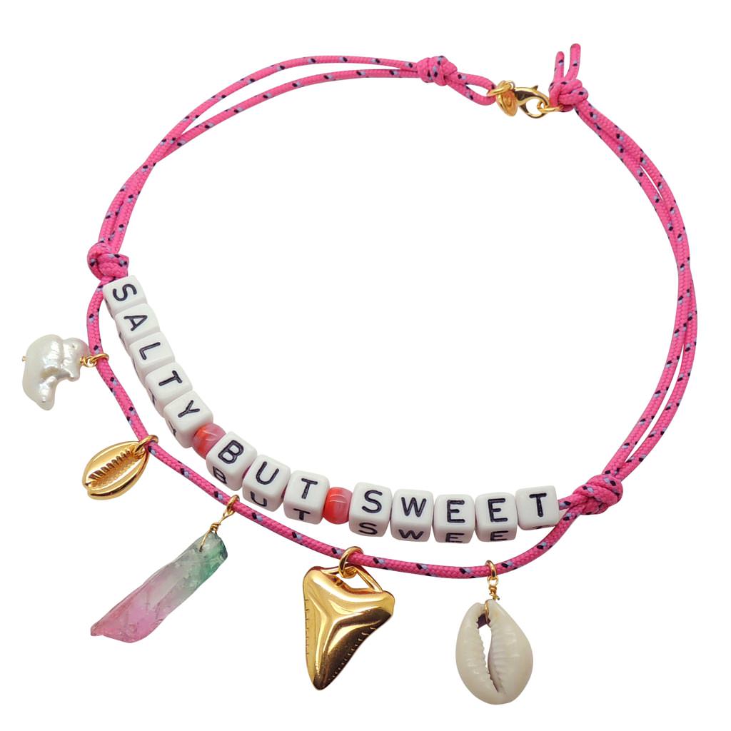 Dana Levy Personalised Maxi Alphabet Cube Beach Treasures Nautical Cord Necklace - Salty But Sweet / Pink Cord 
