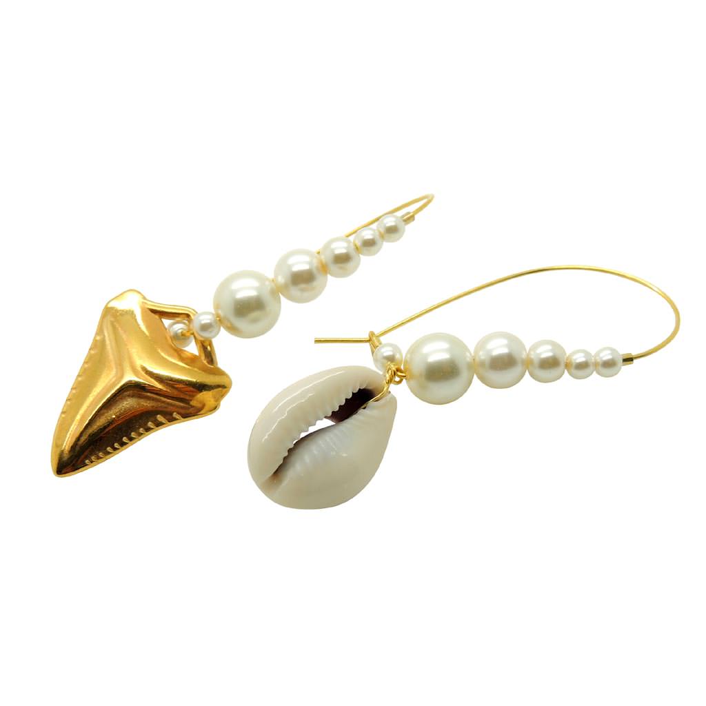 Dana Levy Shark Tooth and Seashell Charm Pearl Hoop Earrings