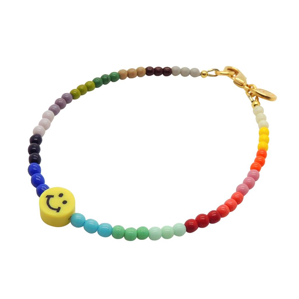 Dana Levy Smiley Charm Rainbow Glass Bead Anklet - Gold Plate Yellow Smiley Charm