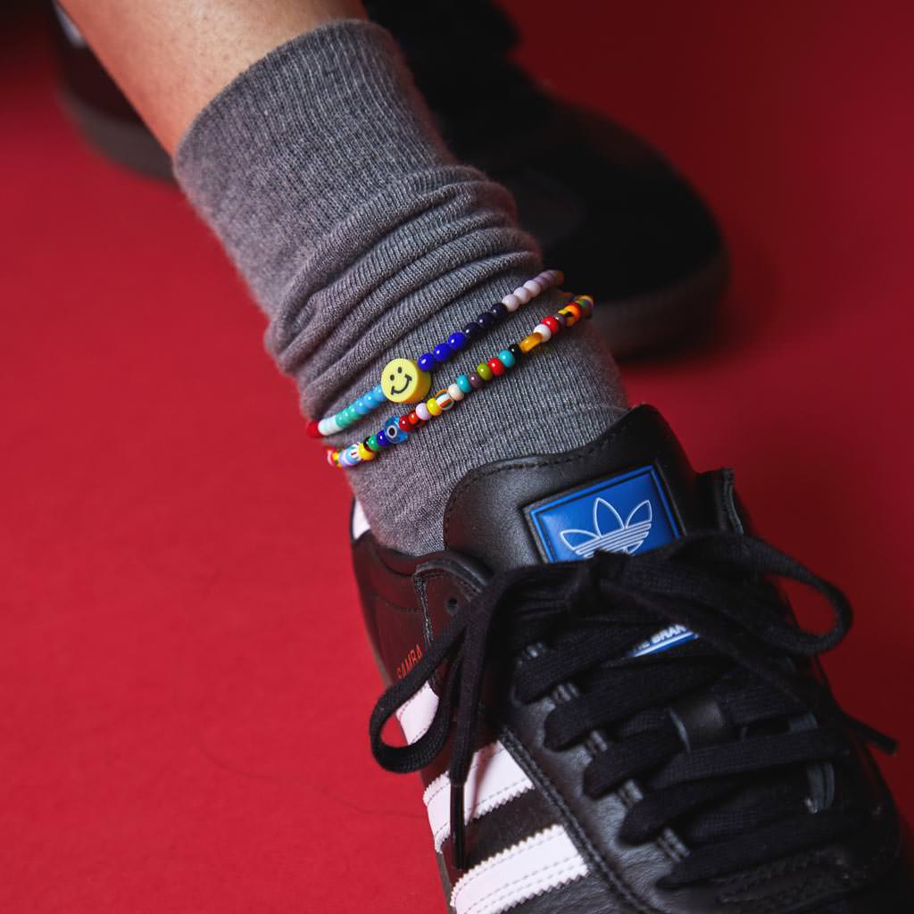 Dana Levy Smiley Charm Rainbow Glass Bead Anklet - Detail Duo with Multicolour Evil Eye Balagan Anklet ThreadsGen