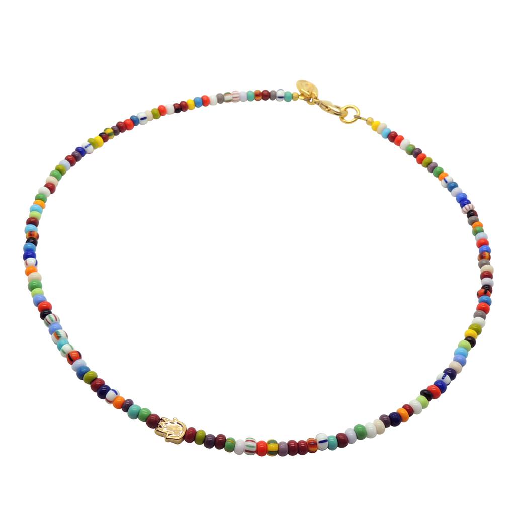 Dana Levy Mini Hamsa Hand Charm Balagan Glass Bead Necklace - Gold Plate