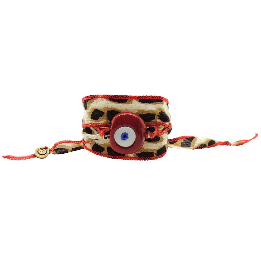 Dana Levy Multicolour Glass Evil Eye Amulet Wild Silk Ribbon Wrap Bracelet - Red Evil Eye Brown Leopard Print Red Trim