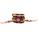 Dana Levy Multicolour Glass Evil Eye Amulet Wild Silk Ribbon Wrap Bracelet - Red Evil Eye Brown Leopard Print Red Trim