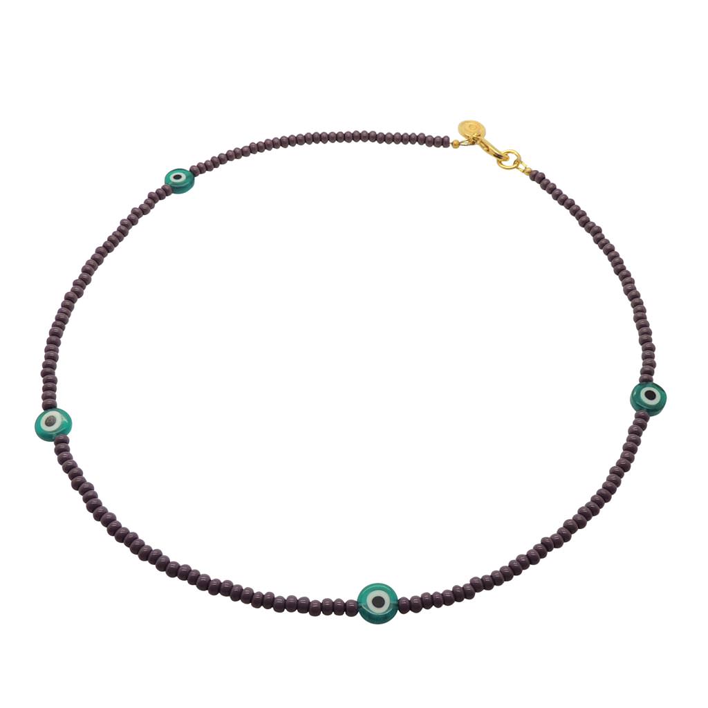 Dana Levy Evil Eye Charm Glass Bead Necklace - Teal Evil Eye Plum Purple Glass Beads