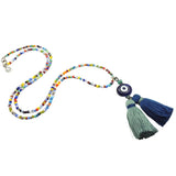 Dana Levy Multicolour Evil Eye Nugget Charm Tassel Duo Balagan Glass Bead Necklace - Transparent Navy Blue/Sage Green Blue Tassel Duo