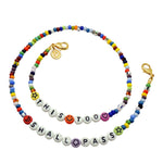 Dana Levy Personalised Alphabet Lucky Charm Balagan Glass Bead Face Covering Chain - This Too Shall Pass - White Beads Black Text
