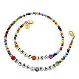 Dana Levy Personalised Alphabet Lucky Charm Balagan Glass Bead Face Covering Chain - This Too Shall Pass - White Beads Black Text