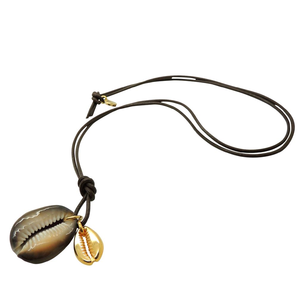 Dana Levy Long Cobra Cowrie Shell Charm Duo Leather Cord Necklace - Dark Brown