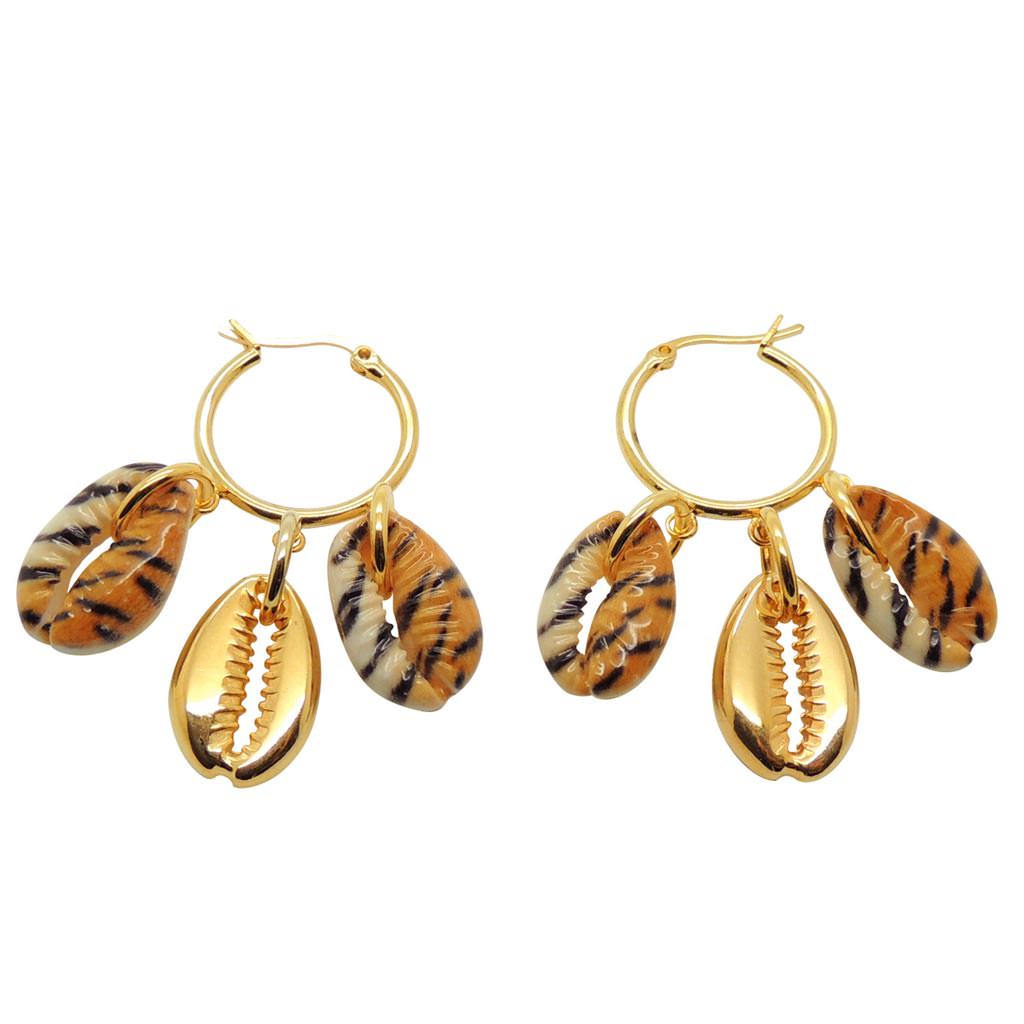 Dana Levy Tiger Print Midas Seashell Charm Trio Mini Hoop Earrings