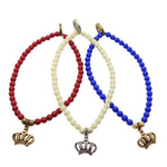 Dana Levy Limited Edition Crown Charm Glass Bead Bracelet - Trio Red Ivory Royal Blue