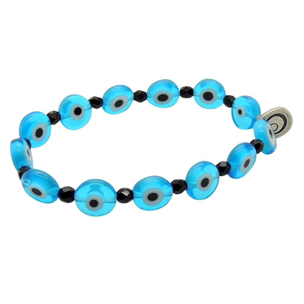 Dana Levy Faceted Glass Evil Eye Charm Bracelet - Turquoise Evil Eye Jet Black Faceted Glass Beads Antique Silver Plate