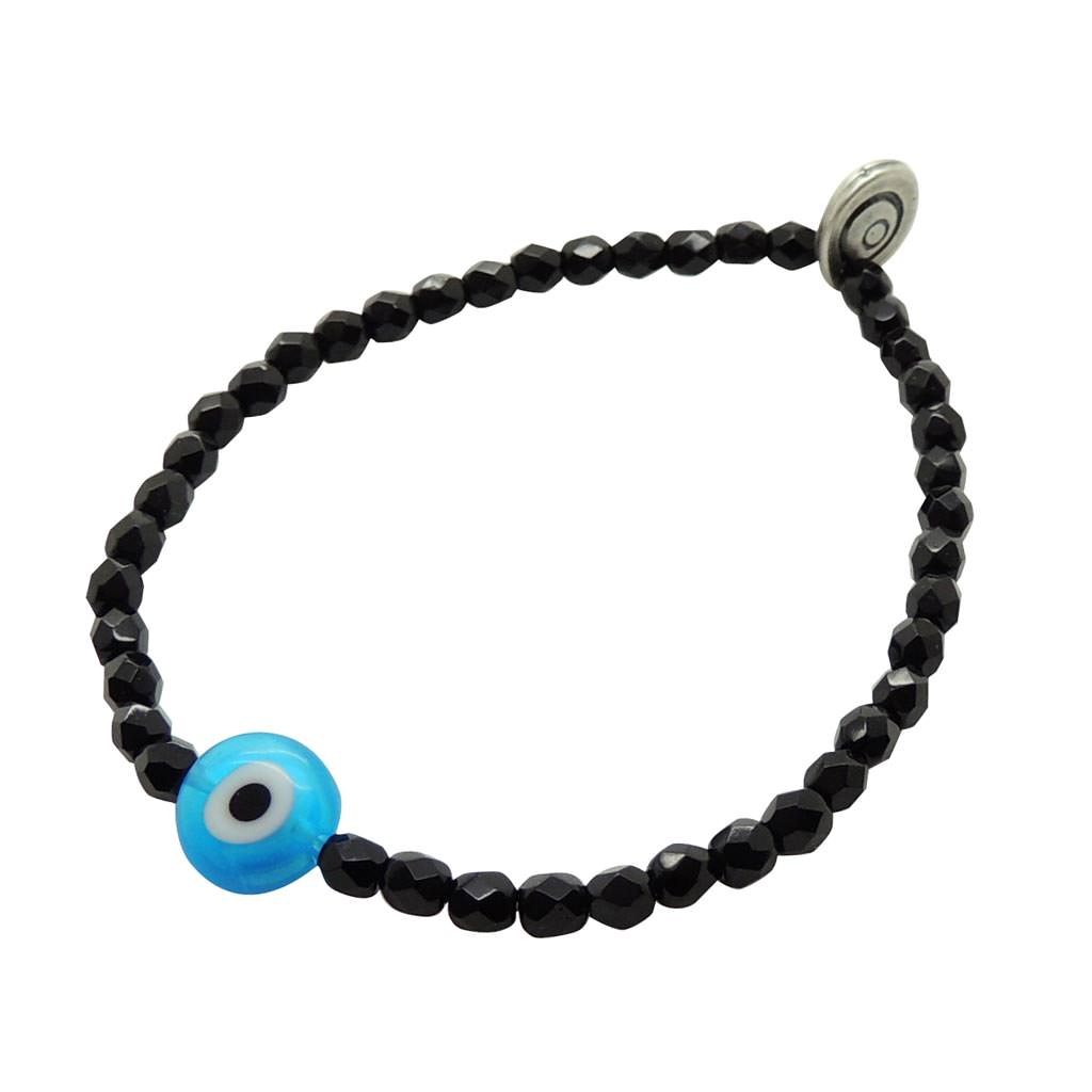 Dana Levy Evil Eye Charm Faceted Glass Bead Bracelet - Turquoise Eye Jet Black Faceted Glass Beads