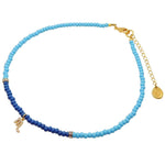 Dana Levy Mini Diamante Zodiac Symbol Charm Glass Bead Duo Choker - Scorpio - Turquoise / Cobalt Blue