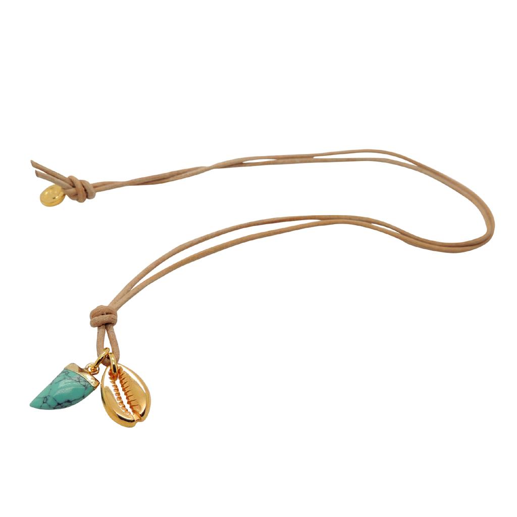Dana Levy Men's Tooth and Midas Seashell Charm Duo Leather Cord Necklace - Turquoise Howlite Natural Cord