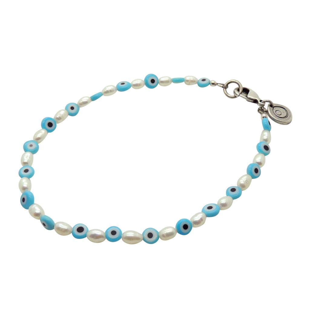 Dana Levy Mini Evil Eye Charm Freshwater Pearl Anklet - Opaque Turquoise Eye 