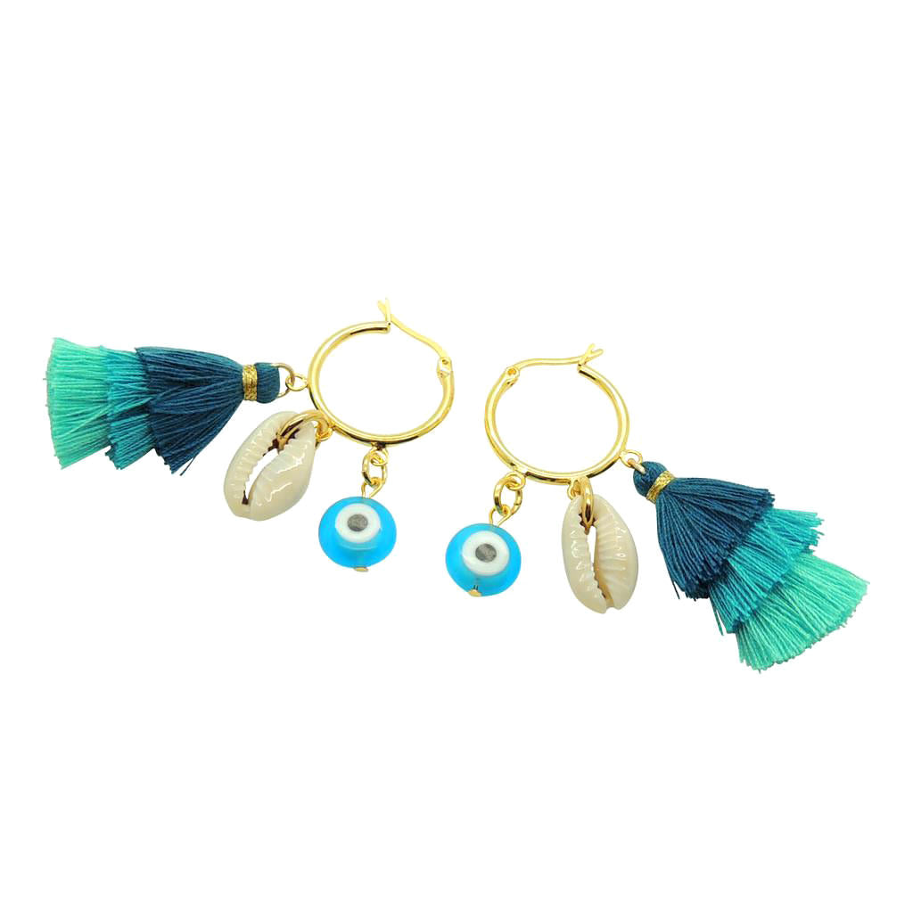 Dana Levy Multicolour Trio Tassel Charm Hoop Earrings - Aqua 