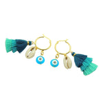 Dana Levy Multicolour Trio Tassel Charm Hoop Earrings - Aqua 