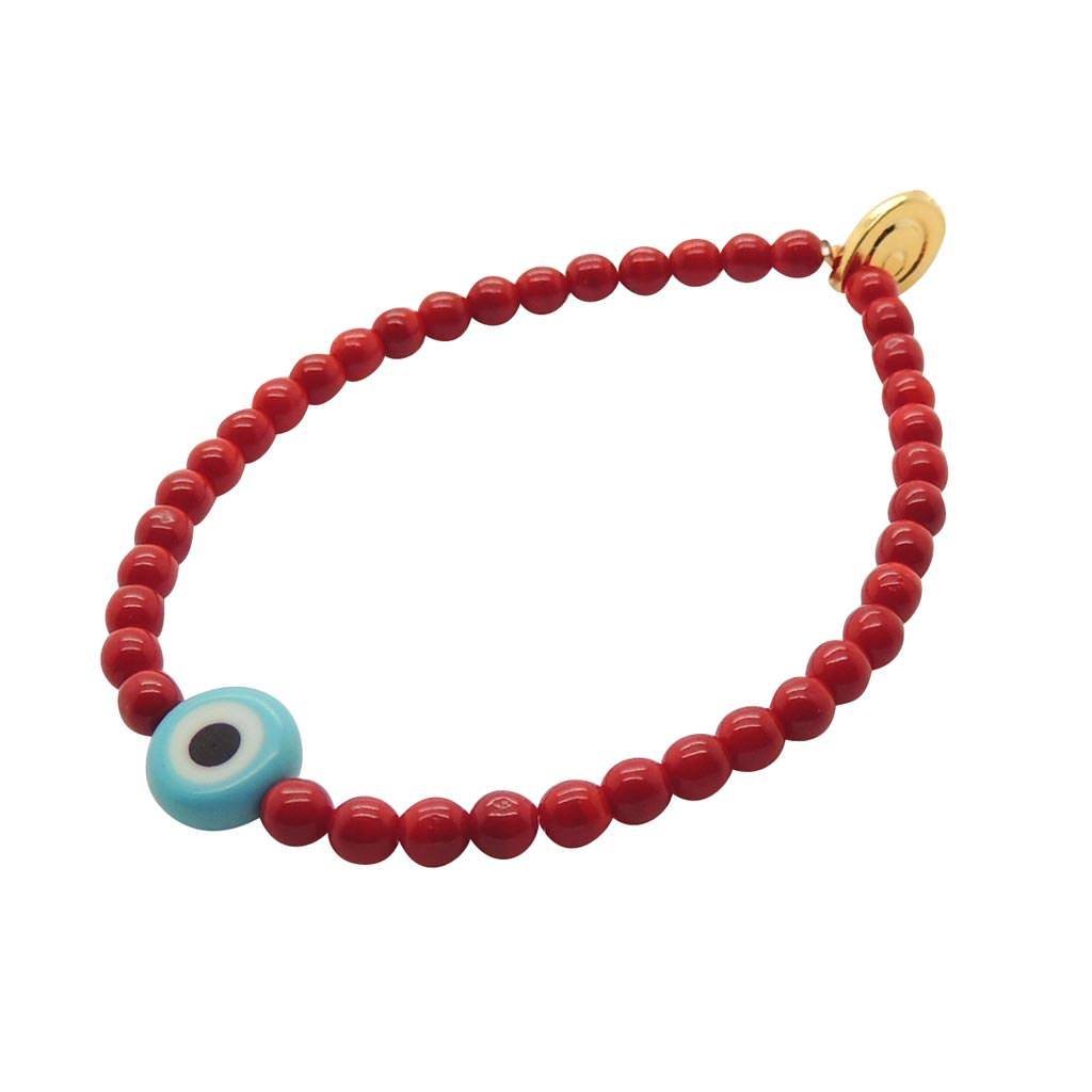 Dana Levy Evil Eye Charm Glass Bead Bracelet - Turquoise (Opaque) Eye / Red Glass Beads