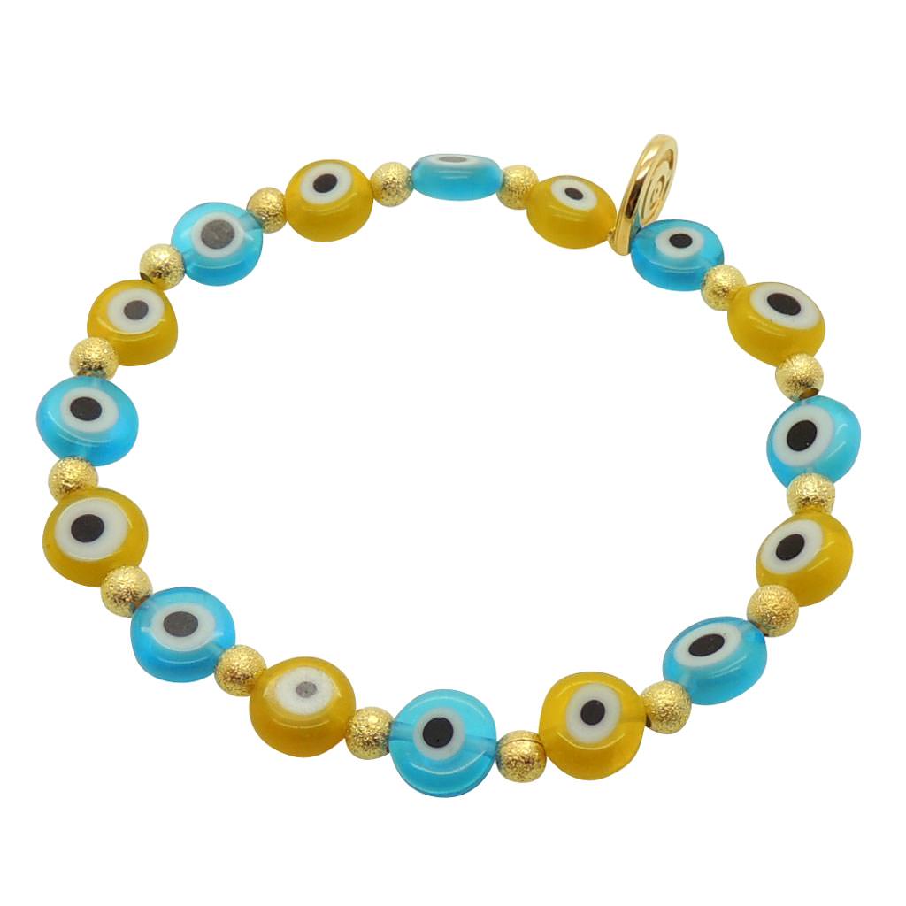 Dana Levy Two Tone Mini Glass Evil Eye Charm Bracelet - Turquoise Yellow Gold Plate