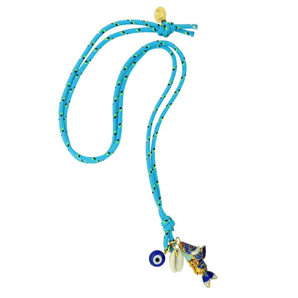 Dana Levy Limited Edition Cloisonné Fish Charm Trio Cord Necklace - Turquoise Cord