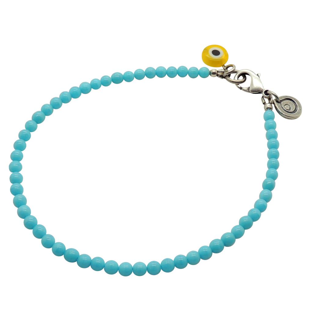 Dana Levy Multicolour Evil Eye Glass Bead Anklet - Turquoise Bead Yellow Evil Eye