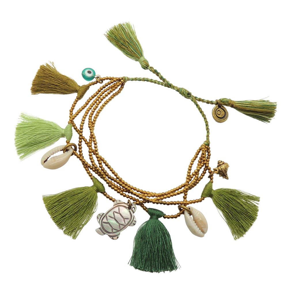 Dana Levy Treasure Island Charms Multi Tassel Beaded Cord Bracelet - Turtle Charm Green Tassel Mix