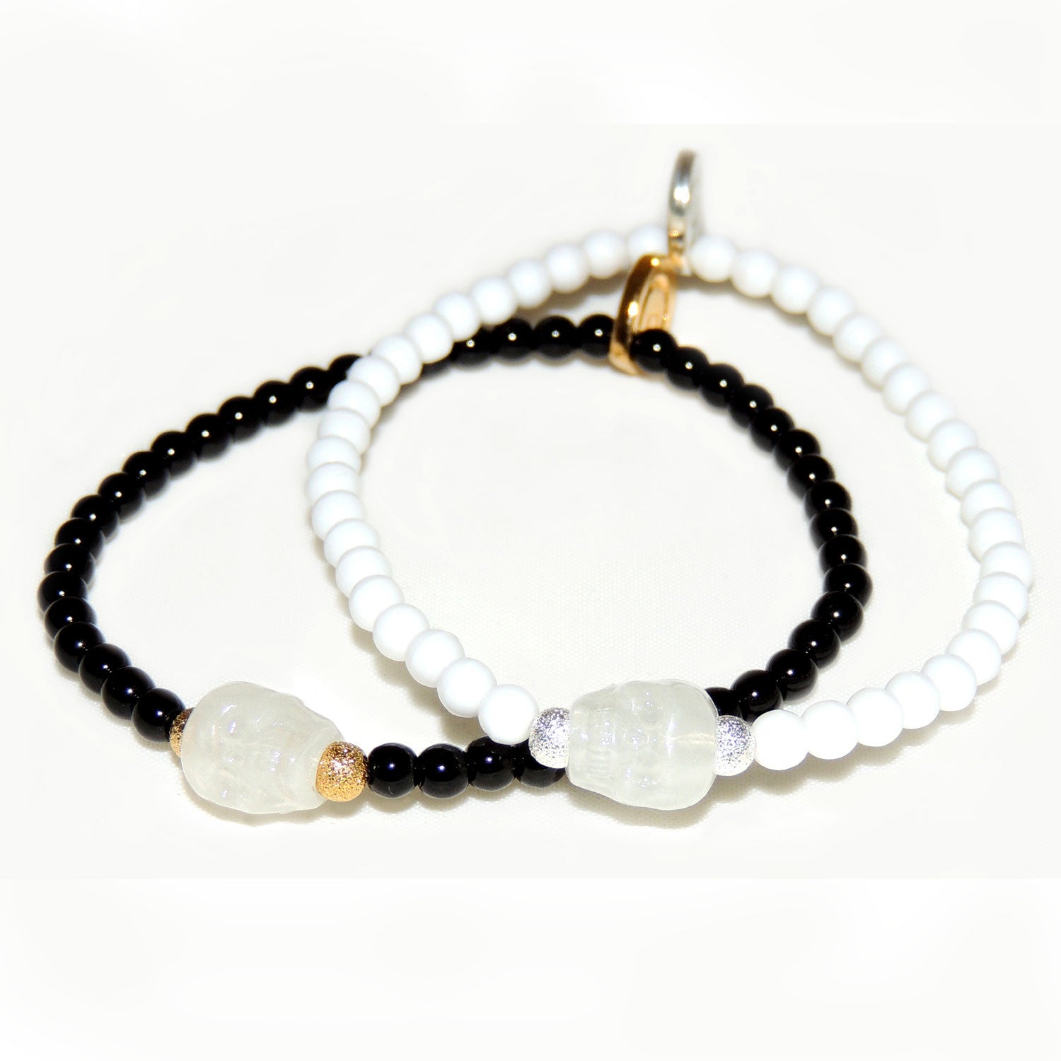 Dana Levy Mens Glow in the Dark Skull Glass Bead Bracelet - Black & White