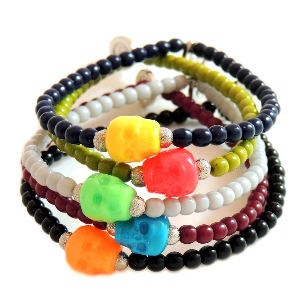 Dana Levy Colour Skull Charm Glass Bead Bracelet  - Pile Silver