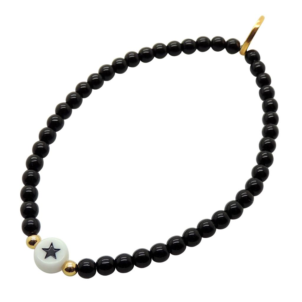 Dana Levy Mini Star Symbol Charm Glass Bead Bracelet - White Black Star / Gold Plate / Black Glass Beads