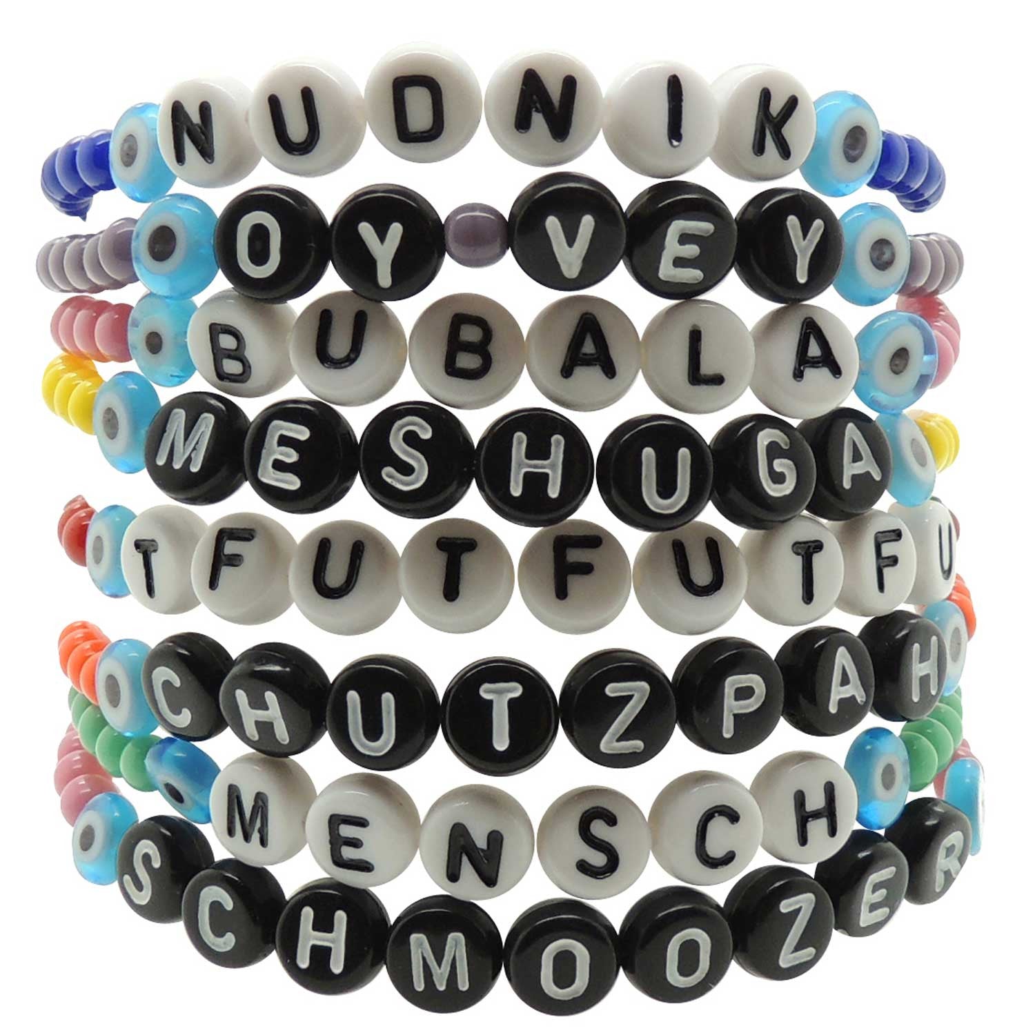 Dana Levy Yinglish Phrase Glass Bead Bracelets Black Pile