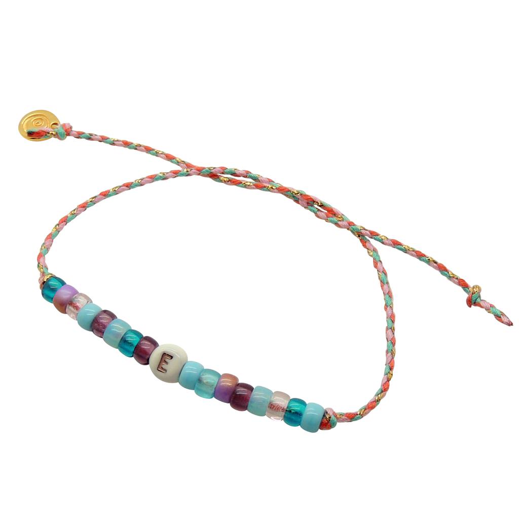 Dana Levy Limited Edition Enamel Initial Charm Candy Bead Braid Bracelet - White Letter E - Light Pink / Turquoise/ Pink