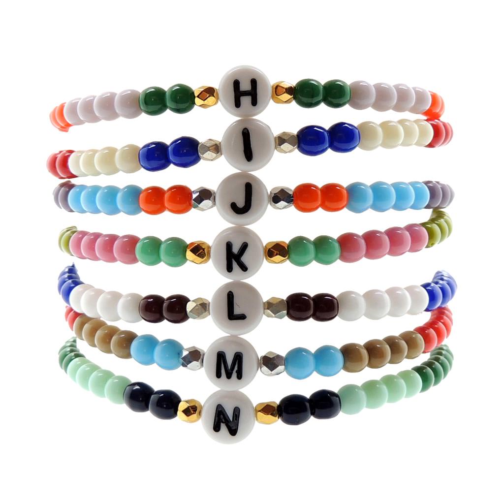 Dana Levy Initial Alphabet Letter Charm Glass Bead Bracelet - White H to N Stack