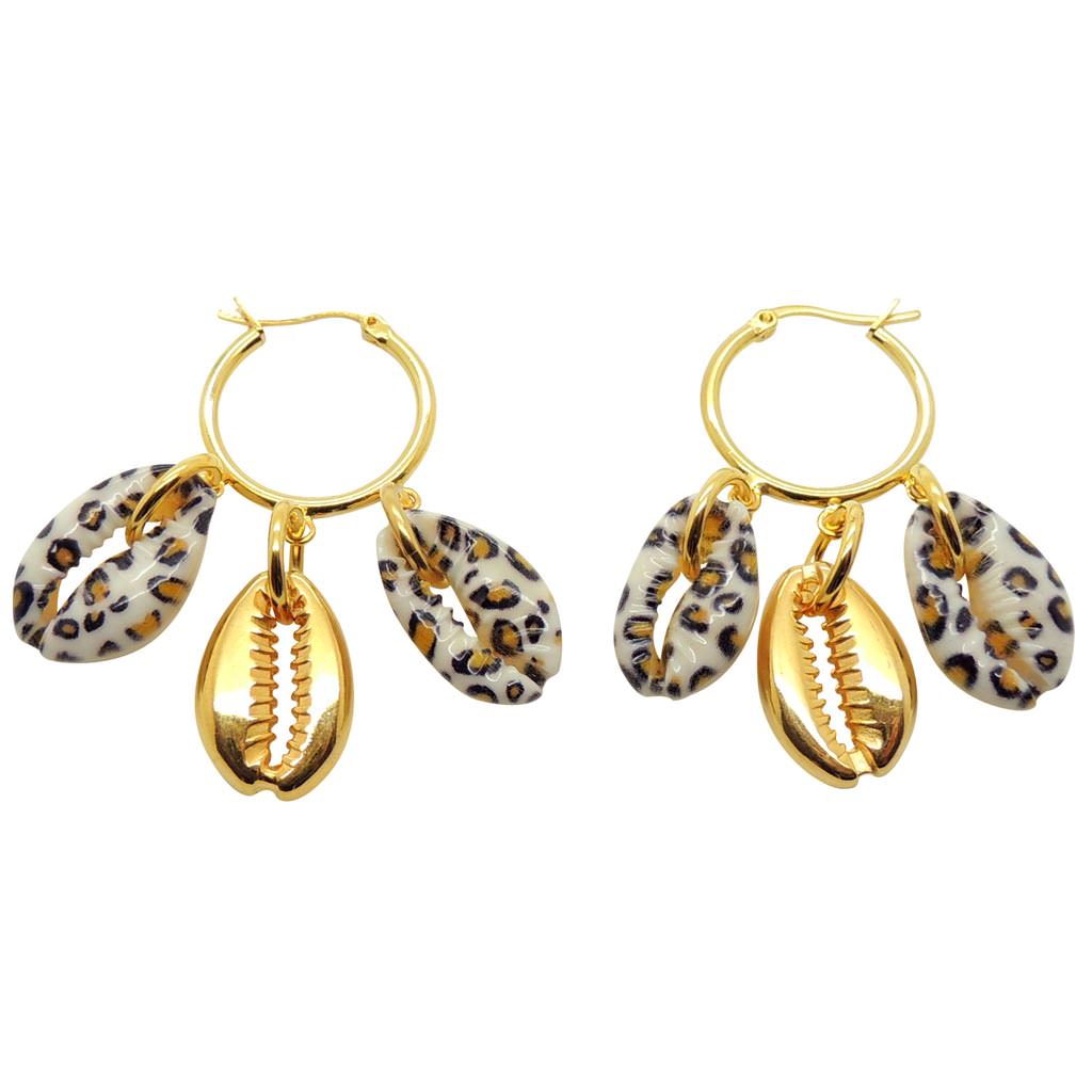 Dana Levy Leopard Print Midas Seashell Charm Trio Mini Hoop Earrings - White Leopard Print