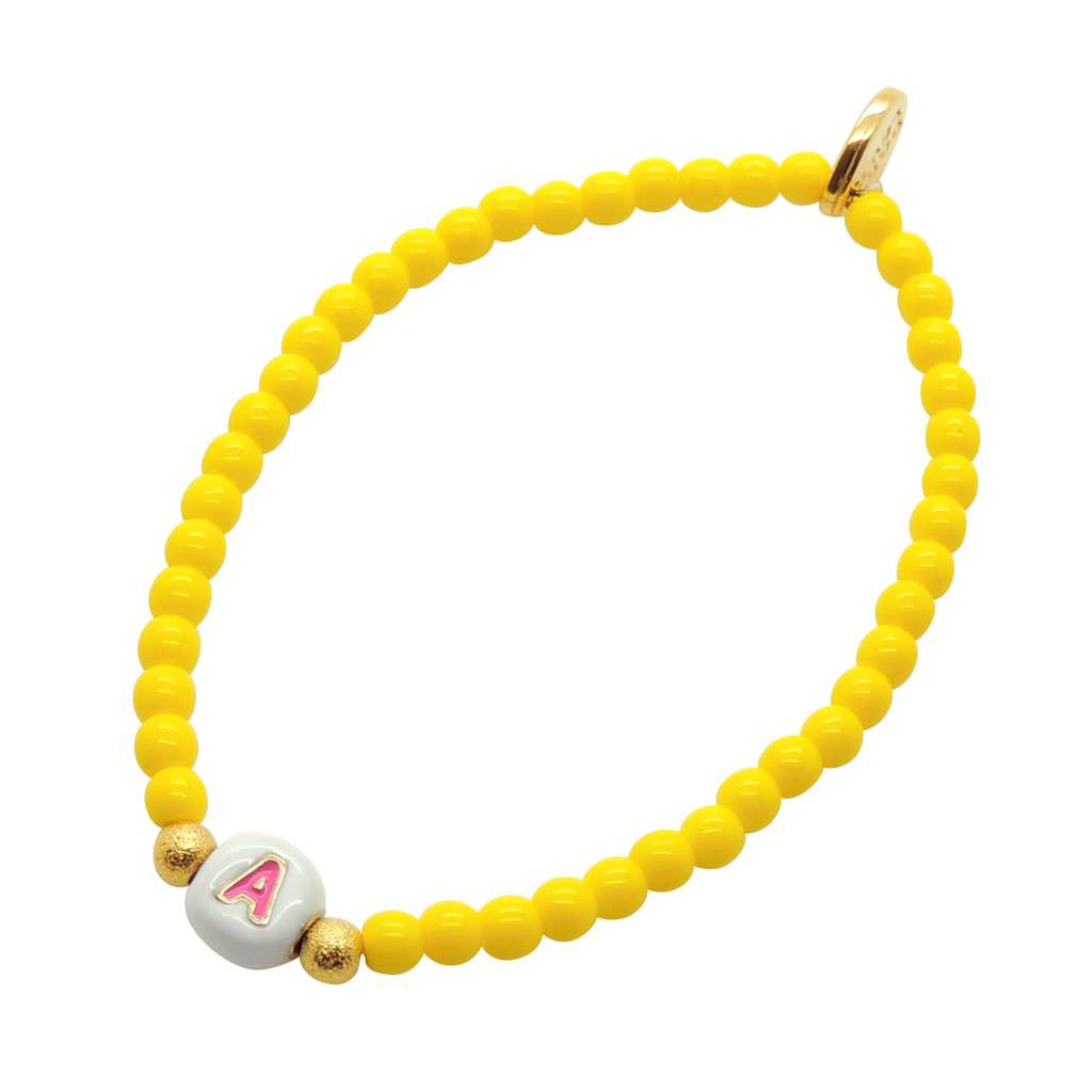 Dana Levy Limited Edition Enamel Initial Charm Glass Bead Bracelet - White A Yellow Glass Bead