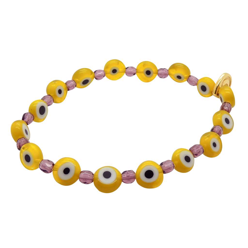 Dana Levy Mini Faceted Glass Evil Eye Charm Bracelet - Yellow Evil Eye Amethyst Faceted Glass Beads Gold Plate