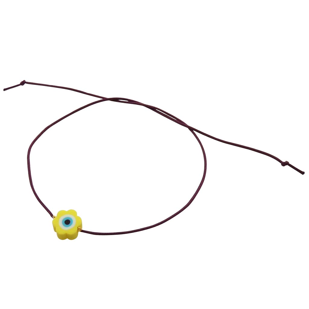 Dana Levy Evil Eye Flower Charm Cord Bracelet - Yellow Flower / Brown Cord