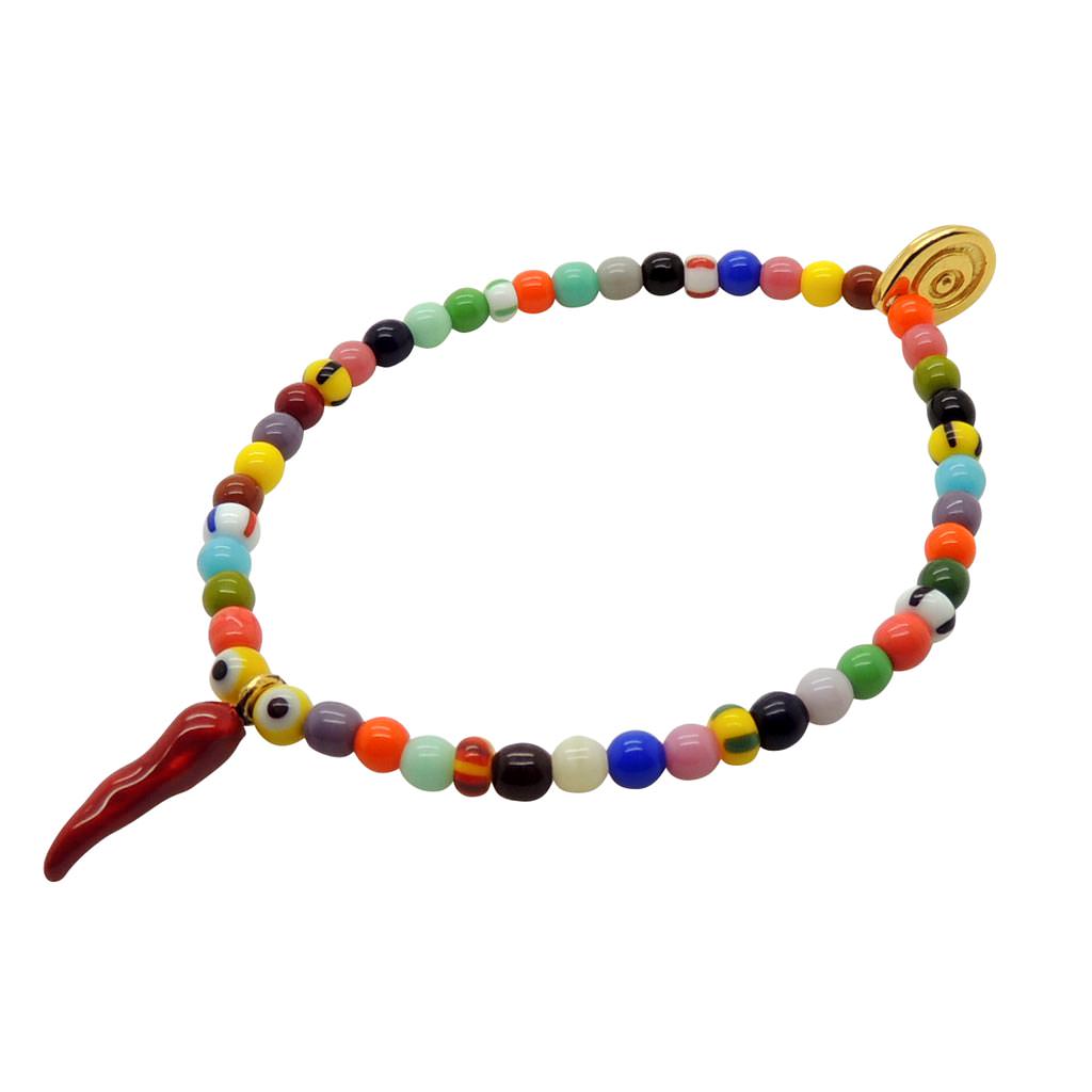 Dana Levy Cornicello Horn Charm Balagan Glass Bead Bracelet - Gold / Yellow Evil Eye