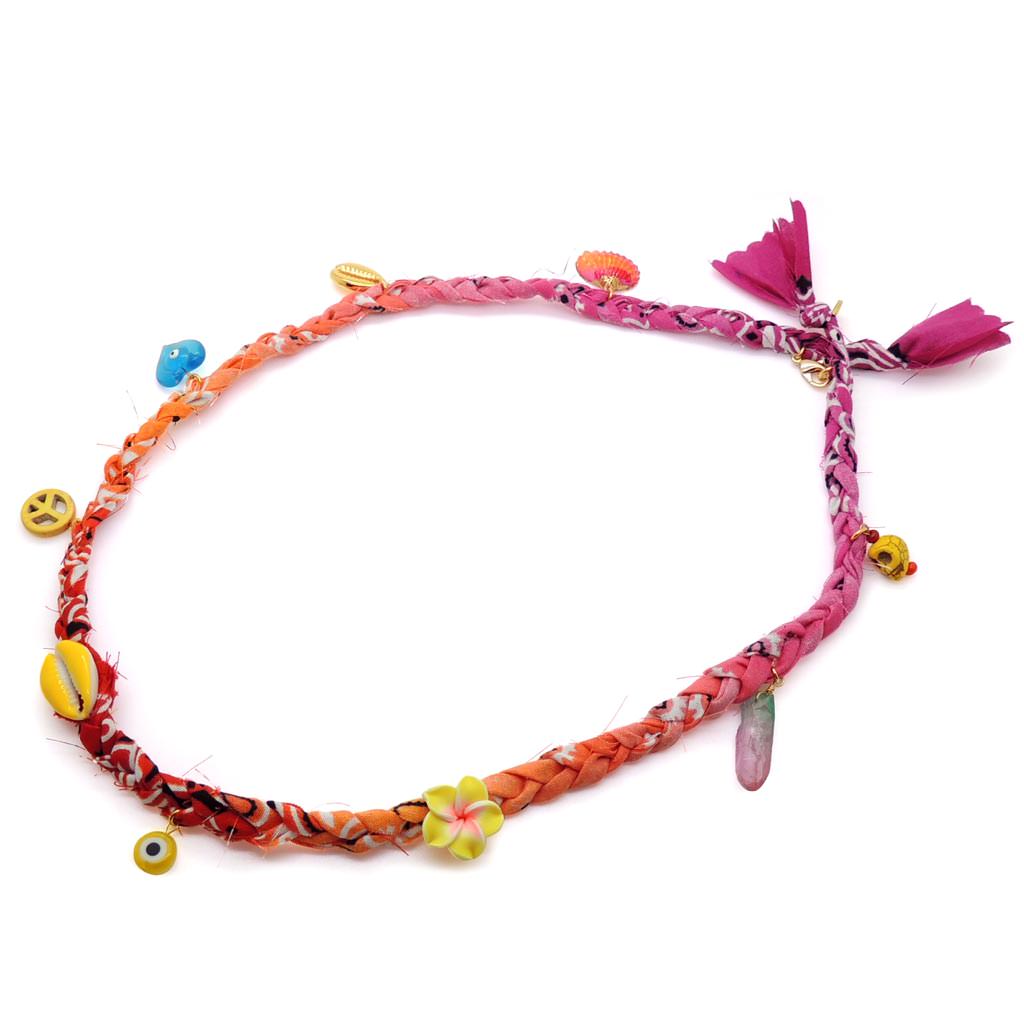 Dana Levy Beach Charms Bandana Braid Necklace - Fuchsia/Pink/Orange/Red - Yellow Charms
